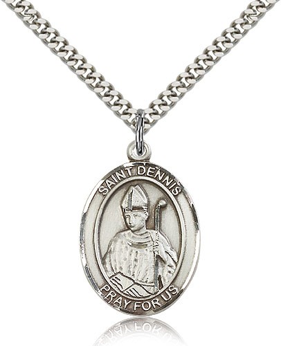 St. Dennis Medal, Sterling Silver, Large - 24&quot; 2.4mm Rhodium Plate Chain + Clasp