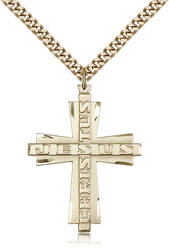 Jesus Christus Cross Pendant, Gold Filled - 24&quot; 2.4mm Gold Plated Endless Chain