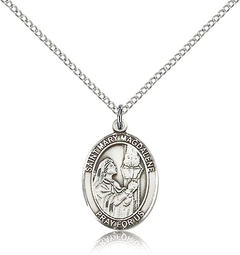 St. Mary Magdalene Medal, Sterling Silver, Medium - 18&quot; 1.2mm Sterling Silver Chain + Clasp