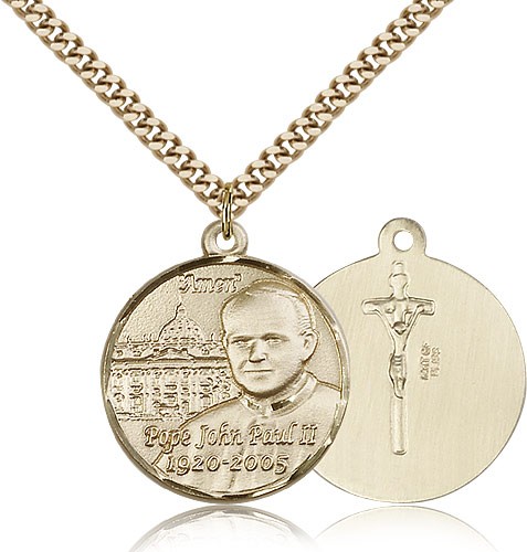 Pope John Paul II Vatican Medal, Gold Filled - 24&quot; 2.4mm Gold Plated Endless Chain