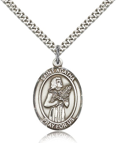 Men's Sterling Silver Saint Agatha Oval Medal - 24&quot; 2.4mm Rhodium Plate Chain + Clasp