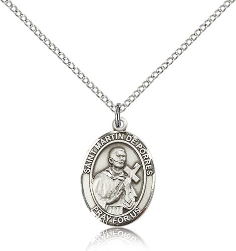 St. Martin De Porres Medal, Sterling Silver, Medium - 18&quot; 1.2mm Sterling Silver Chain + Clasp