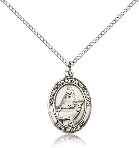 St. Catherine of Sweden Medal, Sterling Silver, Medium - 18&quot; 1.2mm Sterling Silver Chain + Clasp