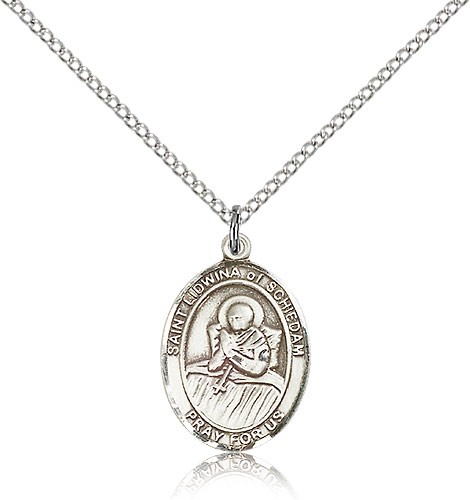 St. Lidwina of Schiedam Medal, Sterling Silver, Medium - 18&quot; 1.2mm Sterling Silver Chain + Clasp