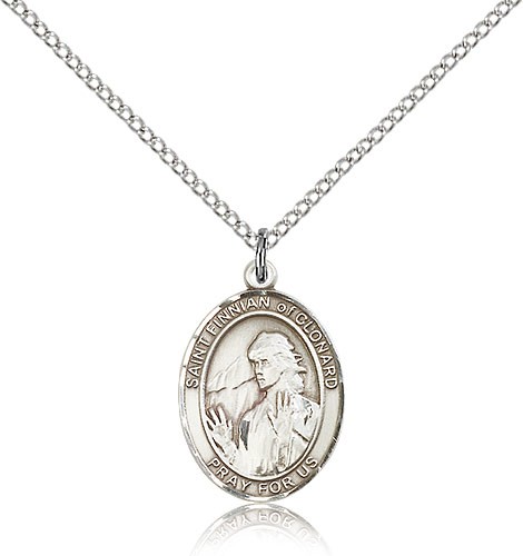 St. Finnian of Clonard Medal, Sterling Silver, Medium - 18&quot; 1.2mm Sterling Silver Chain + Clasp