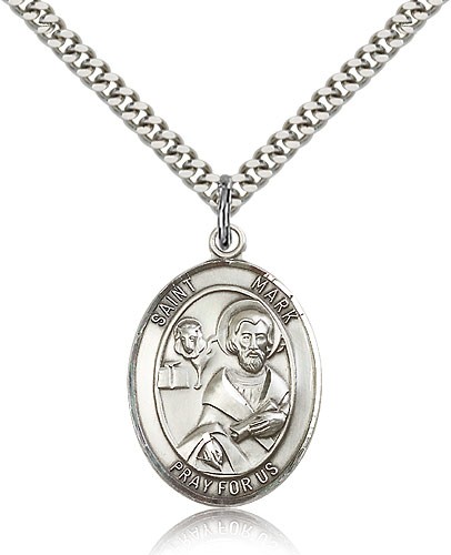 St. Mark the Evangelist Medal, Sterling Silver, Large - 24&quot; 2.4mm Rhodium Plate Chain + Clasp