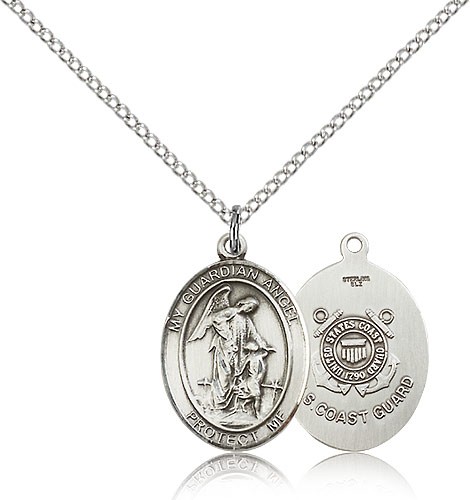 Guardian Angel Coast Guard Medal, Sterling Silver, Medium - 18&quot; 1.2mm Sterling Silver Chain + Clasp