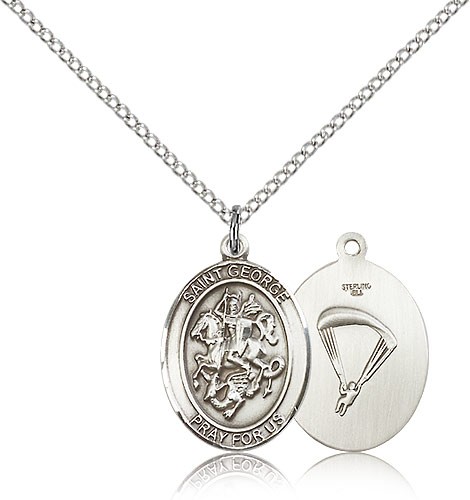 St. George Paratrooper Medal, Sterling Silver, Medium - 18&quot; 1.2mm Sterling Silver Chain + Clasp