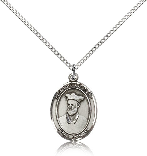 St. Philip Neri Medal, Sterling Silver, Medium - 18&quot; 1.2mm Sterling Silver Chain + Clasp
