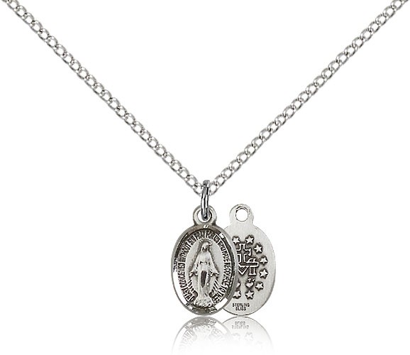 Miraculous Medal, Sterling Silver - 18&quot; 1.2mm Sterling Silver Chain + Clasp