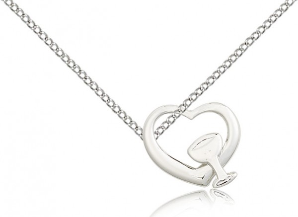 Heart Chalice Medal, Sterling Silver - 18&quot; 1.2mm Sterling Silver Chain + Clasp