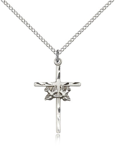 Doves Cross Pendant, Sterling Silver - 18&quot; 1.2mm Sterling Silver Chain + Clasp