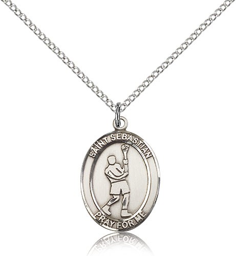 St. Sebastian Lacrosse Medal, Sterling Silver, Medium - 18&quot; 1.2mm Sterling Silver Chain + Clasp