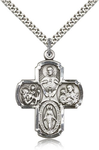 4 Way Cross Pendant, Sterling Silver - 24&quot; 2.4mm Rhodium Plate Endless Chain