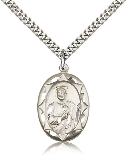 St. Jude Medal, Sterling Silver - 24&quot; 2.4mm Rhodium Plate Endless Chain