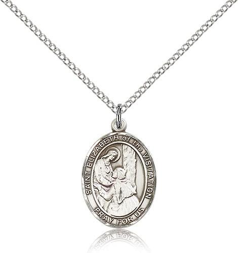 St. Elizabeth of the Visitation Medal, Sterling Silver, Medium - 18&quot; 1.2mm Sterling Silver Chain + Clasp