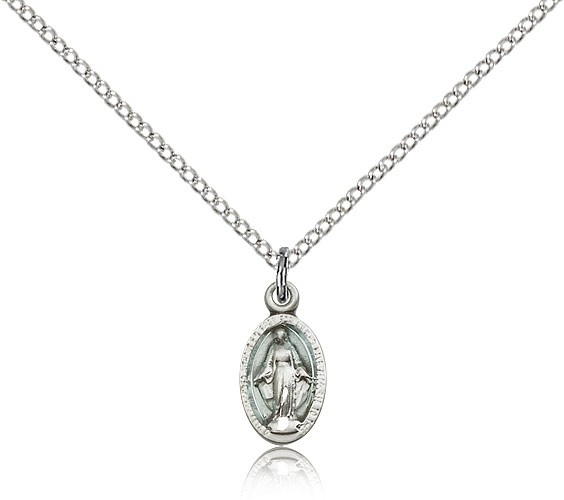 Miraculous Medal, Sterling Silver - 18&quot; 1.2mm Sterling Silver Chain + Clasp