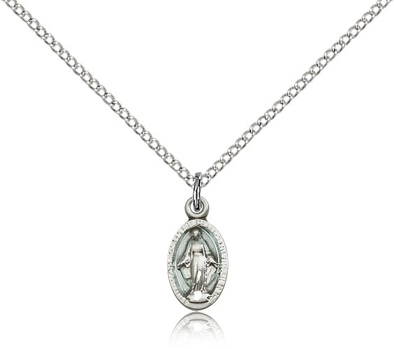 Miraculous Medal, Sterling Silver - 18&quot; 1.2mm Sterling Silver Chain + Clasp