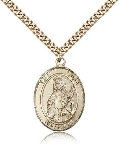 St. Lucia of Syracuse Medal, Gold Filled, Large - 24&quot; 2.4mm Gold Plated Chain + Clasp