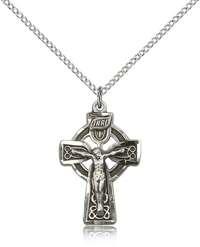 Celtic Crucifix Pendant, Sterling Silver - 18&quot; 1.2mm Sterling Silver Chain + Clasp