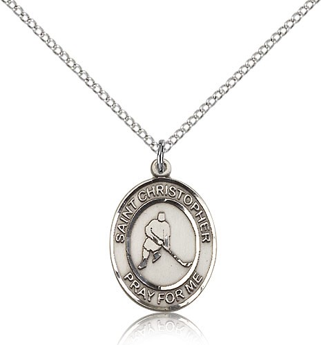 St. Christopher Ice Hockey Medal, Sterling Silver, Medium - 18&quot; 1.2mm Sterling Silver Chain + Clasp
