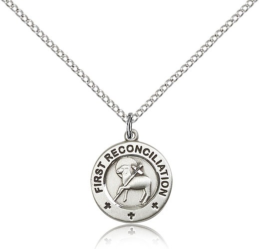 First Reconciliation Penance Medal, Sterling Silver - 18&quot; 1.2mm Sterling Silver Chain + Clasp