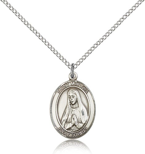 St. Martha Medal, Sterling Silver, Medium - 18&quot; 1.2mm Sterling Silver Chain + Clasp