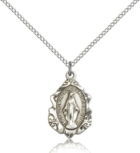 Miraculous Medal, Sterling Silver - 18&quot; 1.2mm Sterling Silver Chain + Clasp