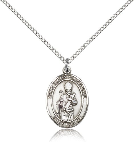 St. Simon Medal, Sterling Silver, Medium - 18&quot; 1.2mm Sterling Silver Chain + Clasp