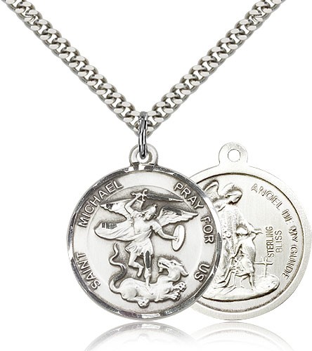 St. Michael the Archangel Medal, Sterling Silver - 24&quot; 2.4mm Rhodium Plate Endless Chain