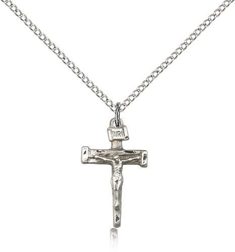 Nail Crucifix Pendant, Sterling Silver - 18&quot; 1.2mm Sterling Silver Chain + Clasp