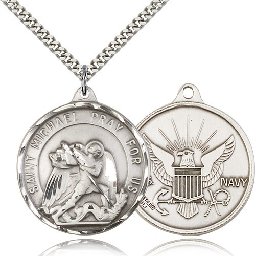 St. Michael Navy Medal, Sterling Silver - 24&quot; 2.4mm Rhodium Plate Endless Chain