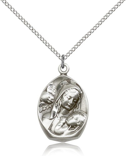 Madonna and Child Medal, Sterling Silver - 18&quot; 1.2mm Sterling Silver Chain + Clasp