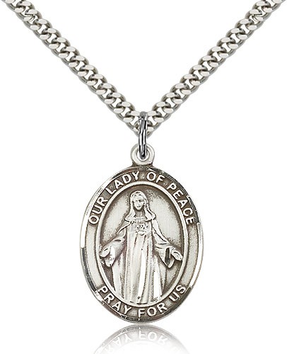 Our Lady of Peace Medal, Sterling Silver, Large - 24&quot; 2.4mm Rhodium Plate Chain + Clasp