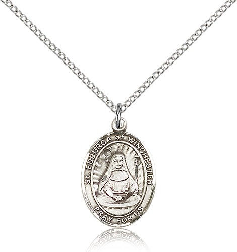 St. Edburga of Winchester Medal, Sterling Silver, Medium - 18&quot; 1.2mm Sterling Silver Chain + Clasp