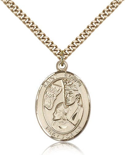 St. Edwin Medal, Gold Filled, Large - 24&quot; 2.4mm Gold Plated Chain + Clasp