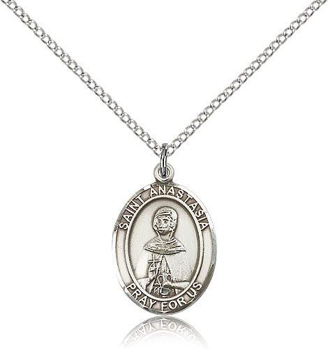 St. Anastasia Medal, Sterling Silver, Medium - 18&quot; 1.2mm Sterling Silver Chain + Clasp