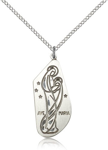Ave Maria Medal, Sterling Silver - 18&quot; 1.2mm Sterling Silver Chain + Clasp