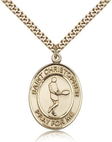 St. Christopher Tennis Medal, Gold Filled, Large - 24&quot; 2.4mm Gold Plated Chain + Clasp