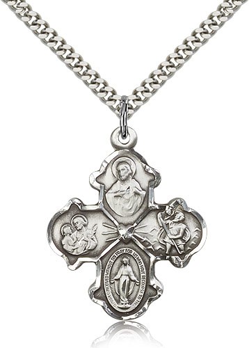 4 Way Cross Pendant, Sterling Silver - 24&quot; 2.4mm Rhodium Plate Endless Chain