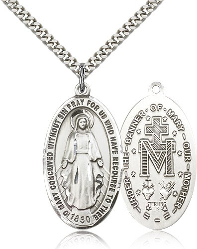 Miraculous Medal, Sterling Silver - 24&quot; 2.4mm Rhodium Plate Endless Chain