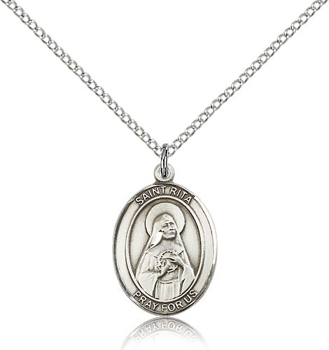 St. Rita of Cascia Medal, Sterling Silver, Medium - 18&quot; 1.2mm Sterling Silver Chain + Clasp