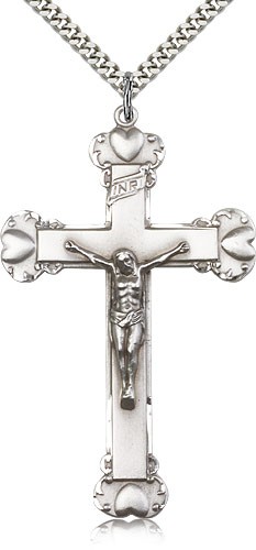 Crucifix Pendant, Sterling Silver - 24&quot; 2.4mm Rhodium Plate Endless Chain