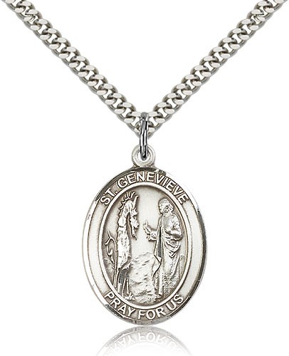 St. Genevieve Medal, Sterling Silver, Large - 24&quot; 2.4mm Rhodium Plate Chain + Clasp