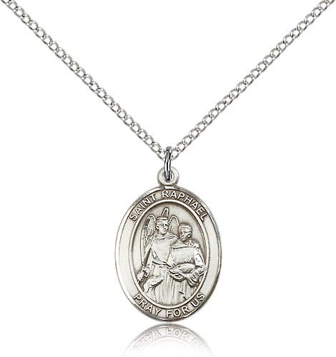 St. Raphael the Archangel Medal, Sterling Silver, Medium - 18&quot; 1.2mm Sterling Silver Chain + Clasp