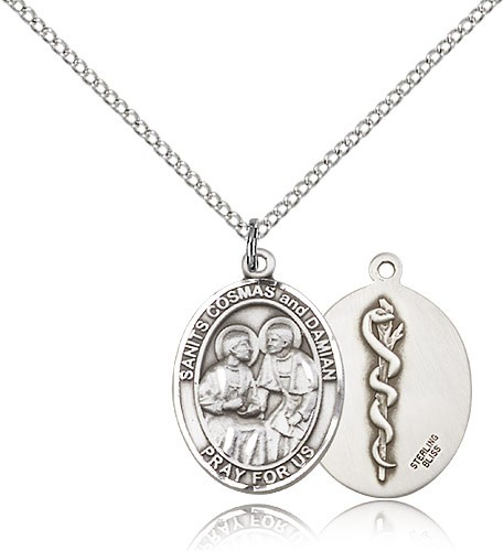 Sts. Cosmas and Damian Doctors Medal, Sterling Silver, Medium - 18&quot; 1.2mm Sterling Silver Chain + Clasp