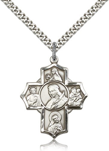 St. Philomena, St. Theresa, St. Rita, St. Anthony, St. Jude Medal, Sterling Silver - 24&quot; 2.4mm Rhodium Plate Endless Chain