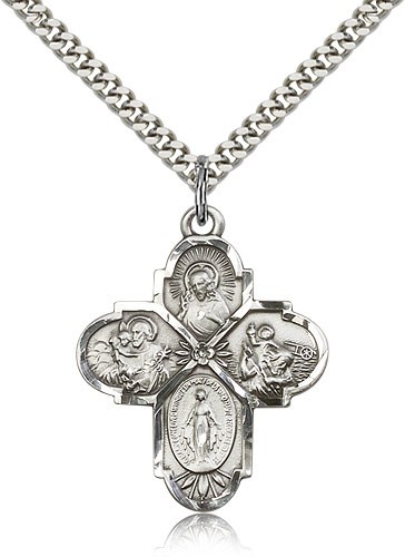 4 Way Cross Pendant, Sterling Silver - 24&quot; 2.4mm Rhodium Plate Endless Chain