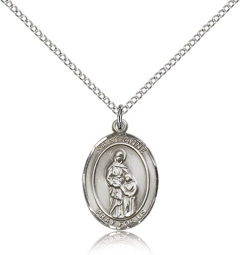 St. Anne Medal, Sterling Silver, Medium - 18&quot; 1.2mm Sterling Silver Chain + Clasp