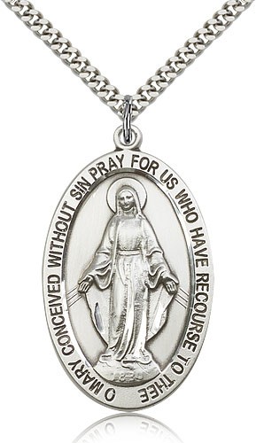 Miraculous Medal, Sterling Silver - 24&quot; 2.4mm Rhodium Plate Endless Chain